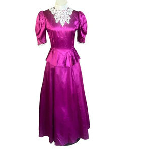 Jessica McClintock Bridal Vintage 80s Purple Satin Puffed Sleeves Dress Gown